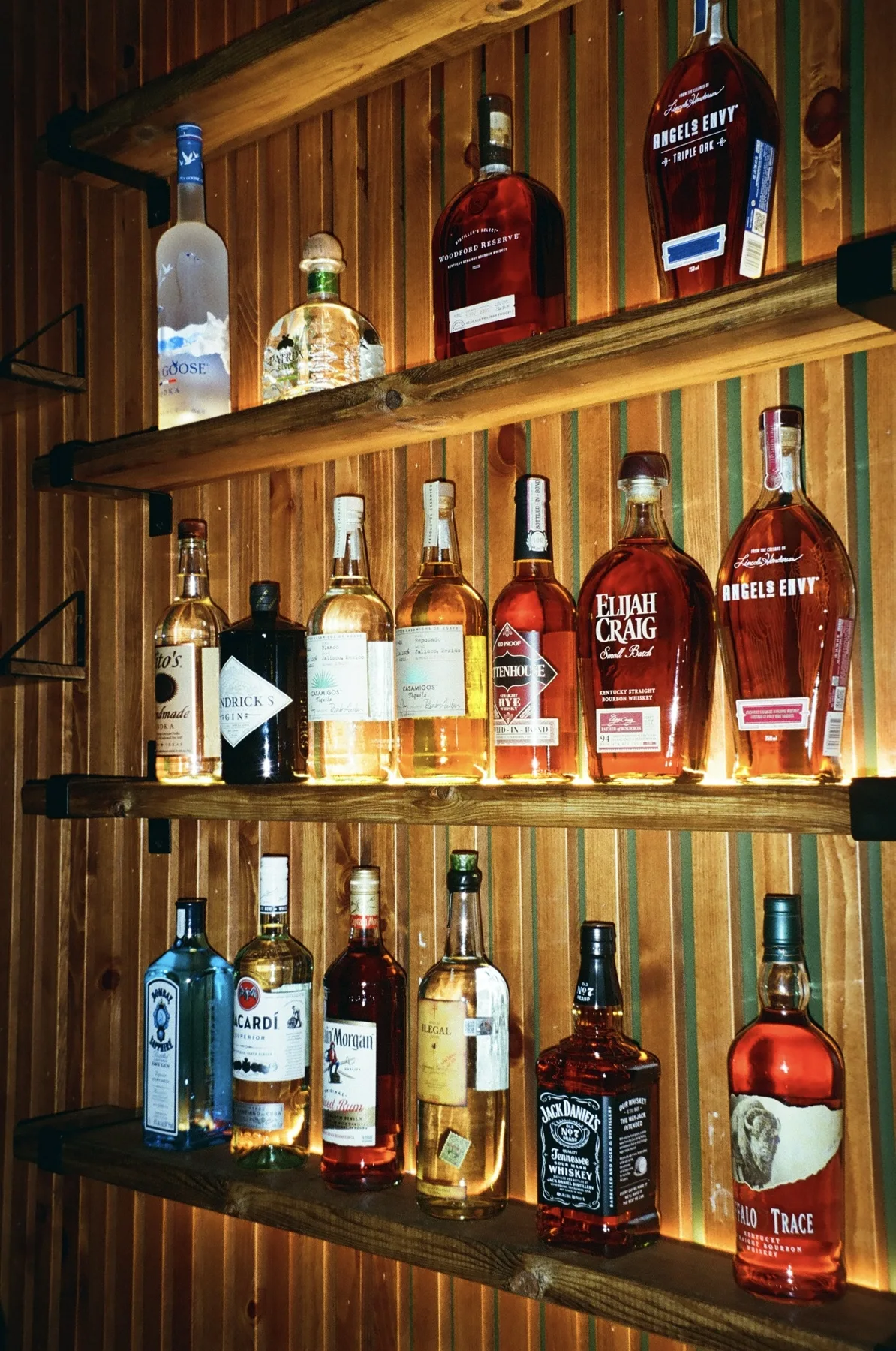 Warmly lit wooden shelves at the Oak & Alchemy bar